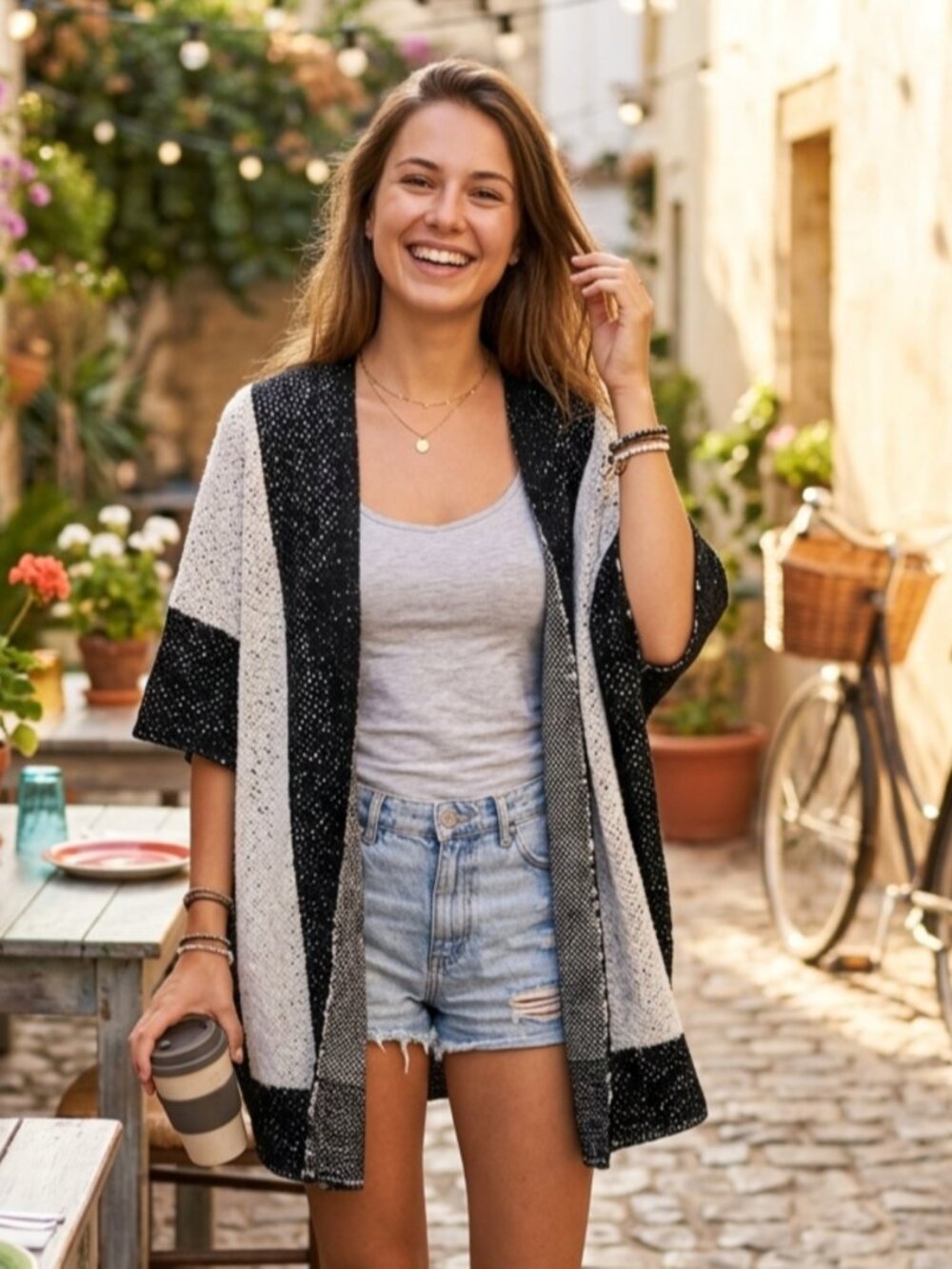 Juli Black and White Long Open Sweater Shawl